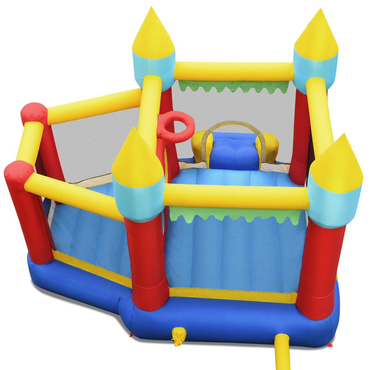 LIVSK Springkasteel met Basketbalkorf - 2 Springgebieden - Glijbaan - 100 Ballen - Inclusief Pomp - Voor 3 Kinderen - Multikleur