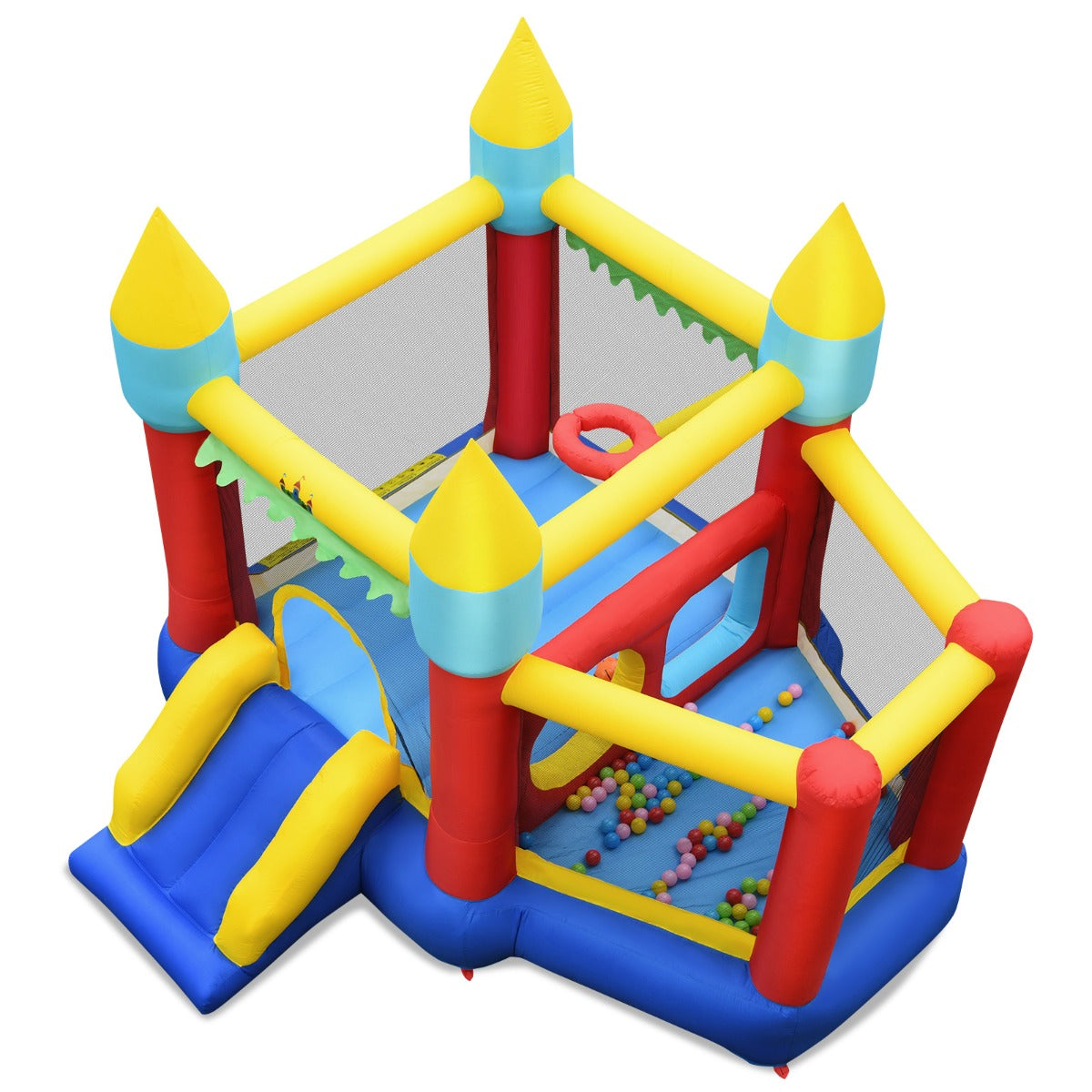 LIVSK Springkasteel met Basketbalkorf - 2 Springgebieden - Glijbaan - 100 Ballen - Inclusief Pomp - Voor 3 Kinderen - Multikleur