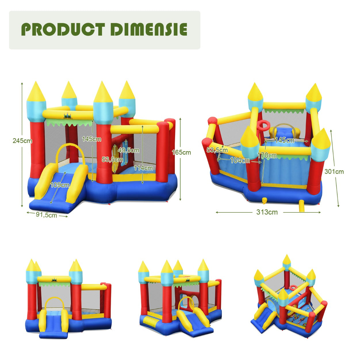LIVSK Springkasteel met Basketbalkorf - 2 Springgebieden - Glijbaan - 100 Ballen - Inclusief Pomp - Voor 3 Kinderen - Multikleur