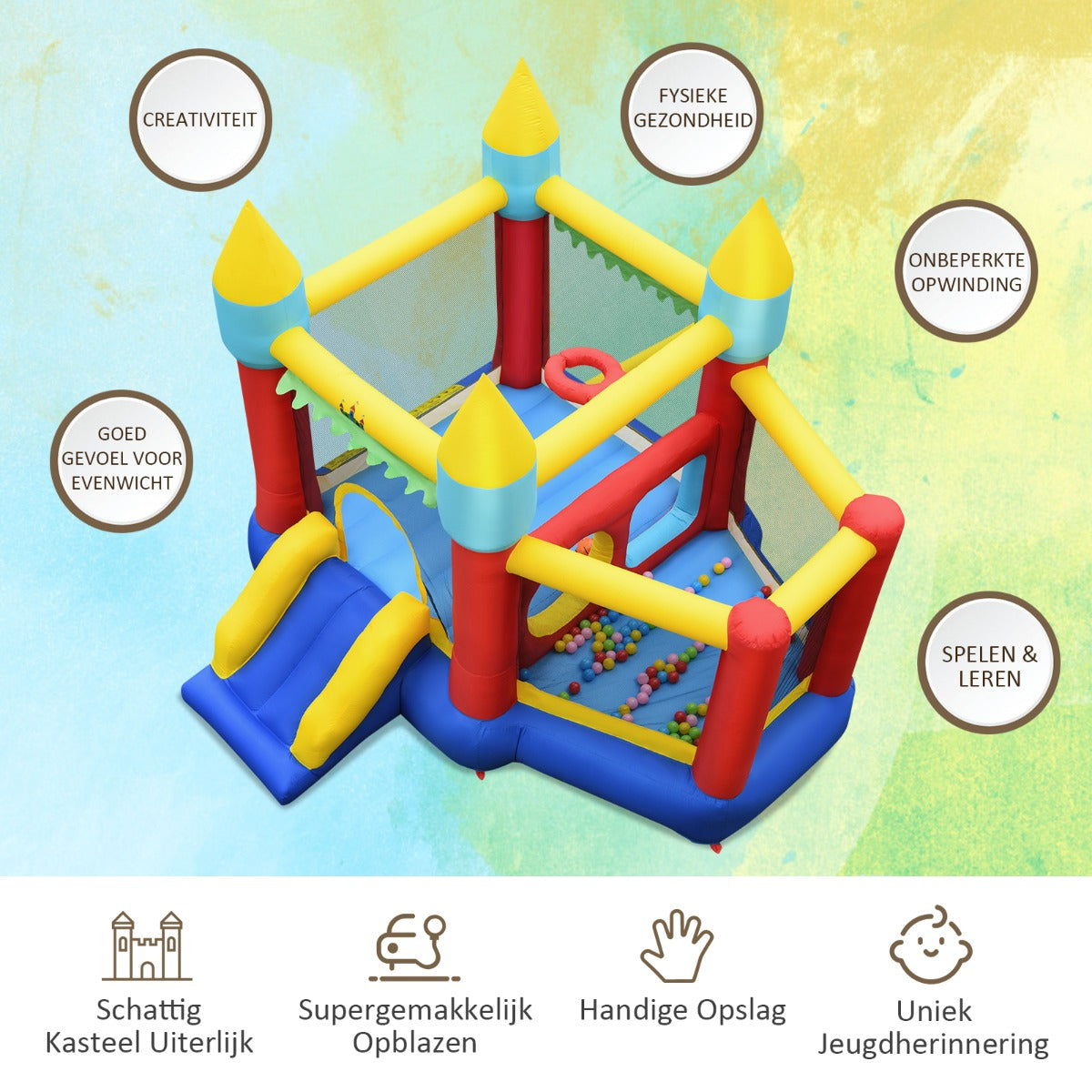 LIVSK Springkasteel met Basketbalkorf - 2 Springgebieden - Glijbaan - 100 Ballen - Inclusief Pomp - Voor 3 Kinderen - Multikleur