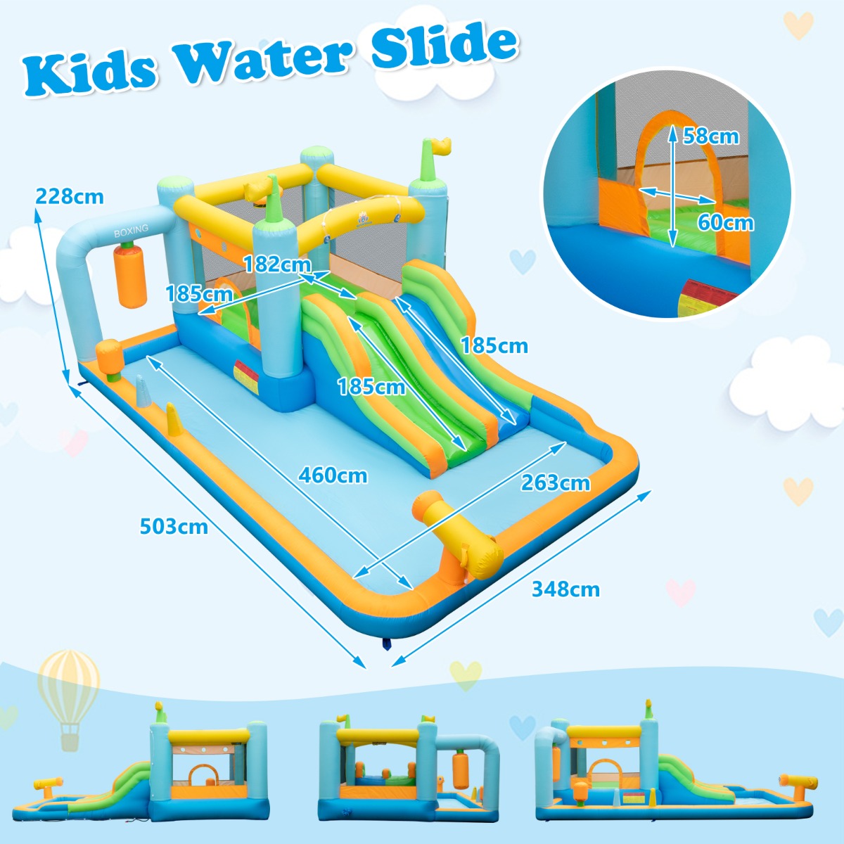 LIVSK Opblaasbaar Waterpark met Glijbanen - Springgedeelte, Basketballen, Watergevechten - Voor Kinderen 3-10 jaar - 503 x 348 x