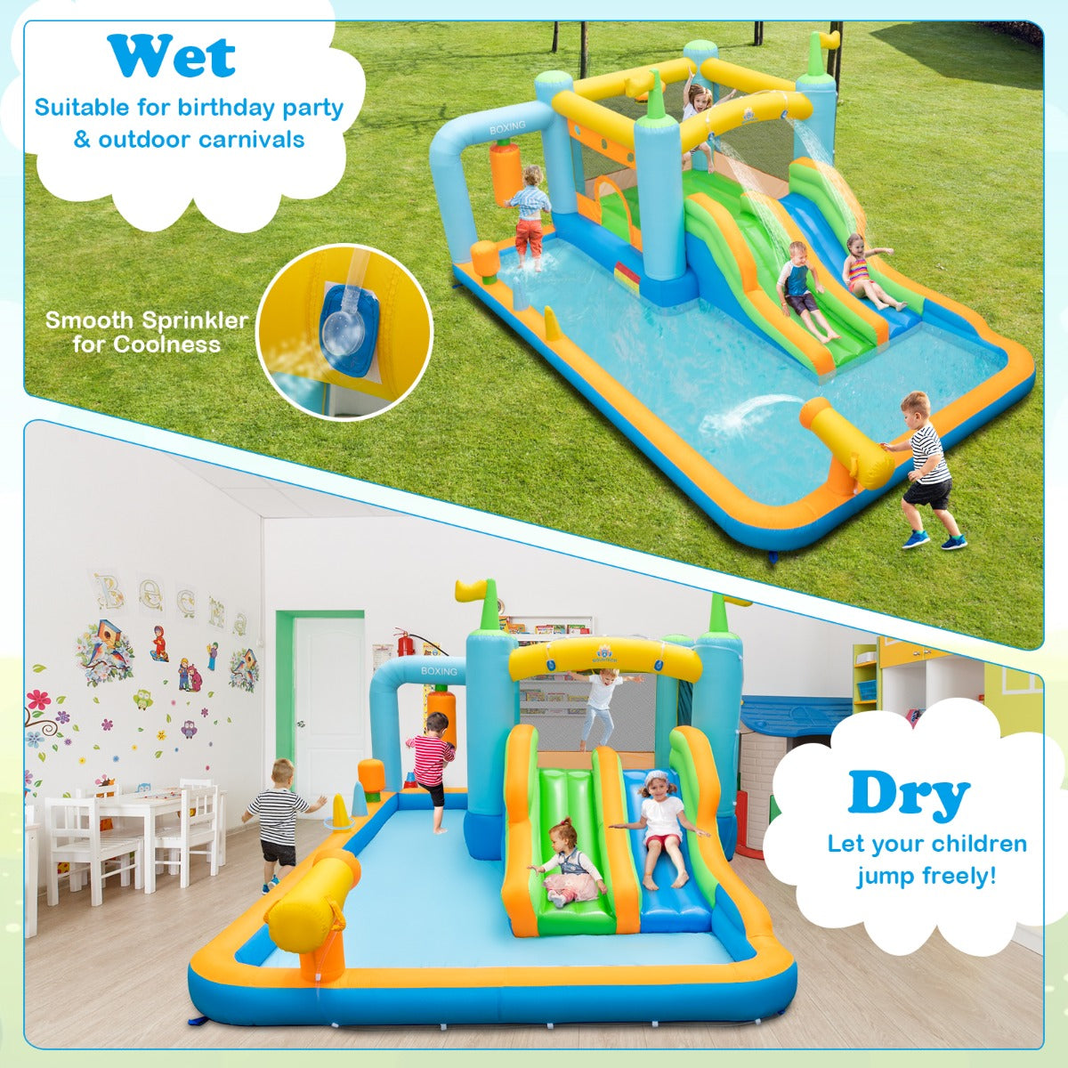 LIVSK Opblaasbaar Waterpark met Glijbanen - Springgedeelte, Basketballen, Watergevechten - Voor Kinderen 3-10 jaar - 503 x 348 x