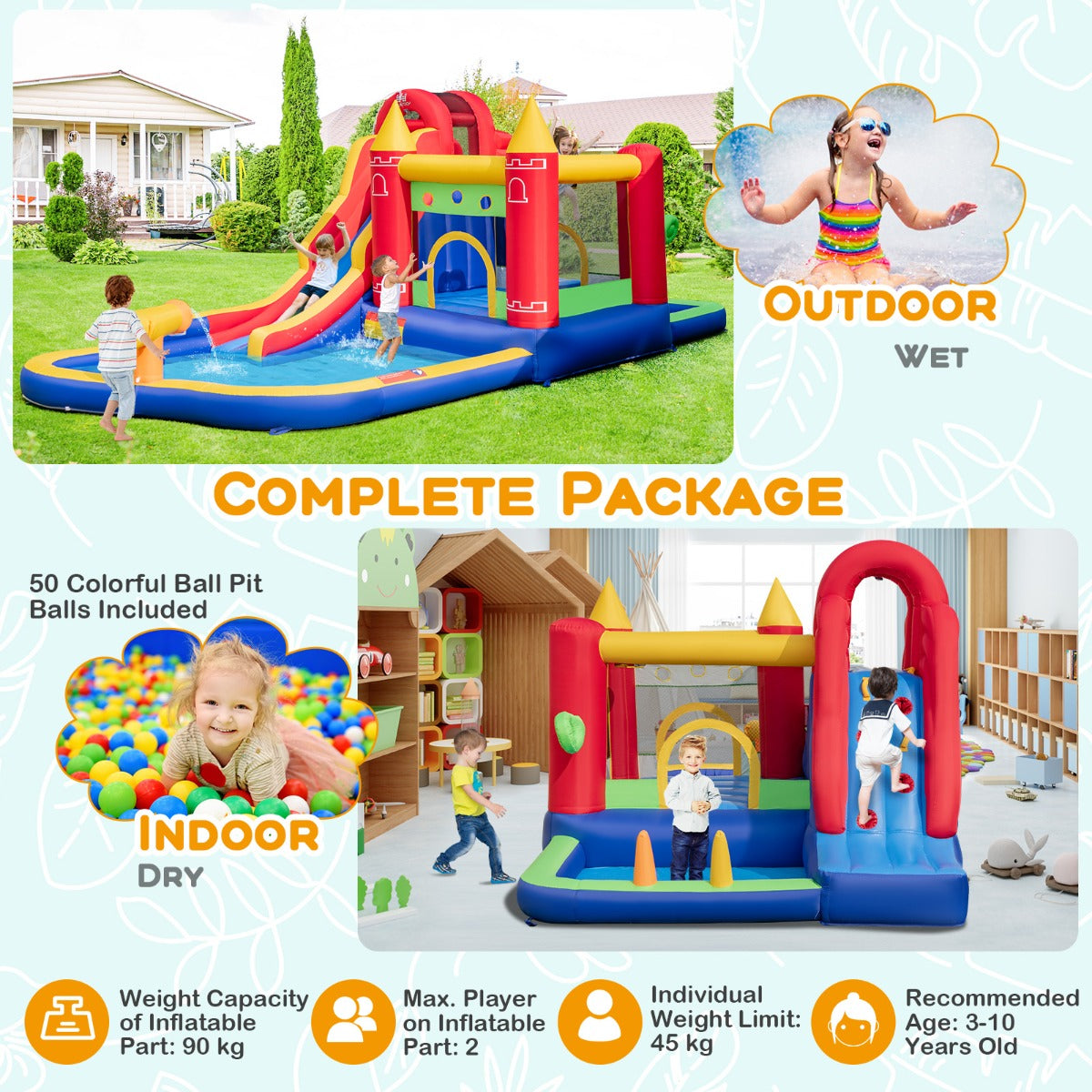 LIVSK 9-in-1 Opblaasbaar Springkasteel - Waterglijbaan - Inclusief 50 Ballen - Veilig en Duurzaam - 624 x 270 x 235 cm -