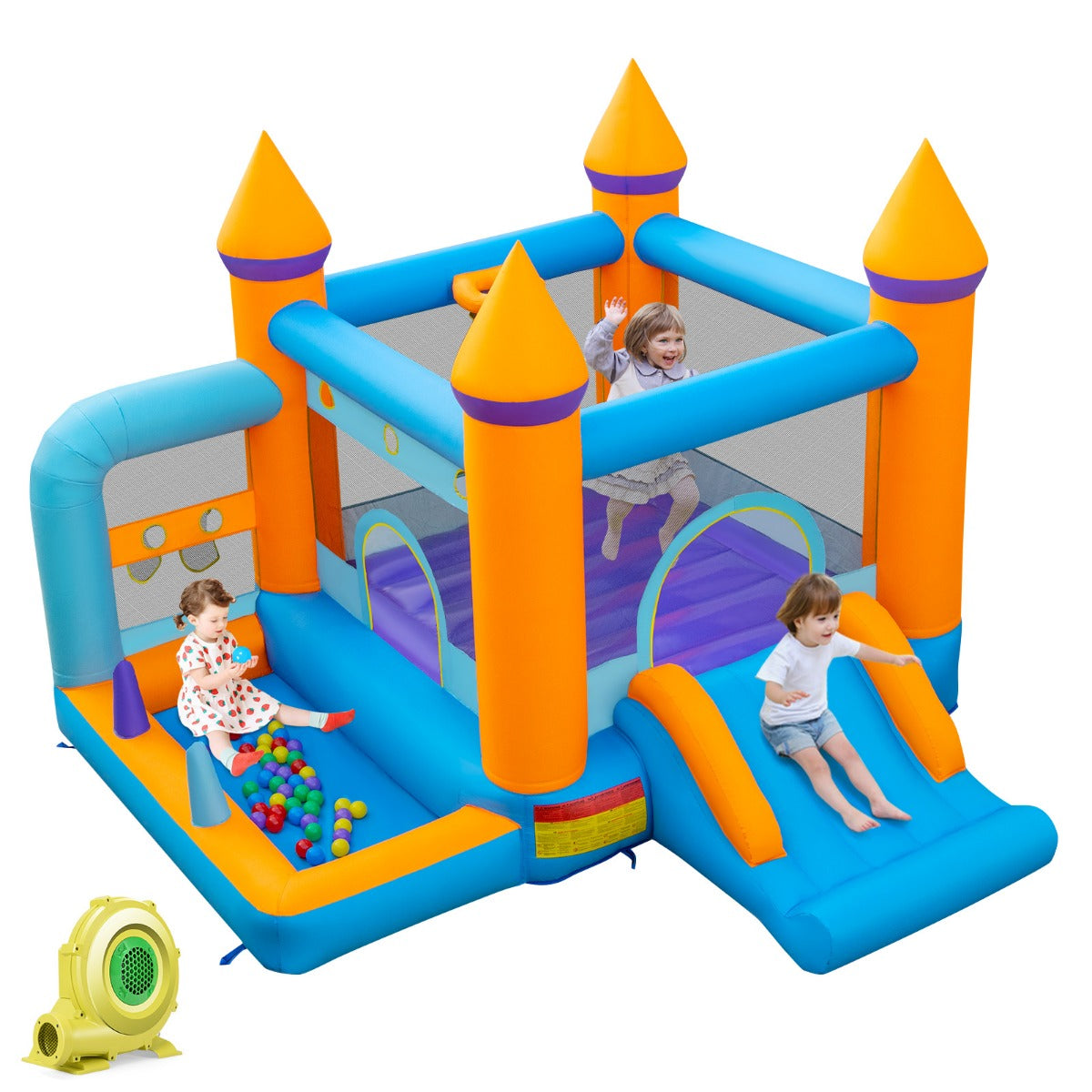 LIVSK 5-in-1 Springkasteel met Ventilator - Glijbaan - Ballenbad - Basketbalnet - Voor Kinderen - 337 x 325 x 256 cm - Multikleur