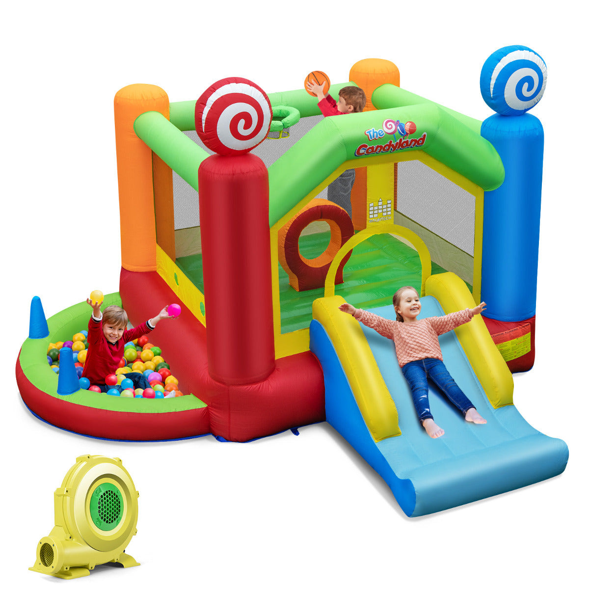 LIVSK Opblaasbaar Springkasteel Candyland - Glijbaan, Ballenbad, Ringspel - Inclusief Luchtblazer en Speelballen - 385 x 360 x
