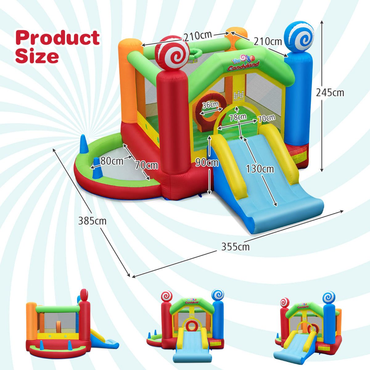 LIVSK Opblaasbaar Springkasteel Candyland - Glijbaan, Ballenbad, Ringspel - Inclusief Luchtblazer en Speelballen - 385 x 360 x