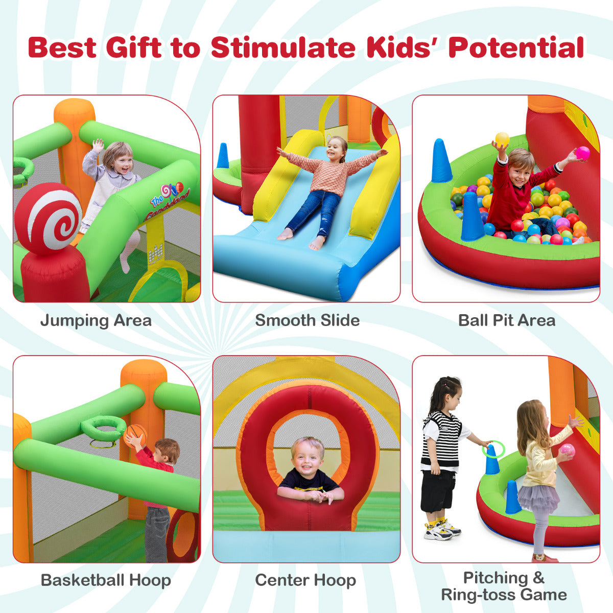 LIVSK Opblaasbaar Springkasteel Candyland - Glijbaan, Ballenbad, Ringspel - Inclusief Luchtblazer en Speelballen - 385 x 360 x