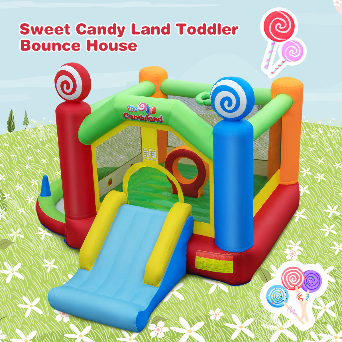 LIVSK Opblaasbaar Springkasteel Candyland - Glijbaan, Ballenbad, Ringspel - Inclusief Luchtblazer en Speelballen - 385 x 360 x