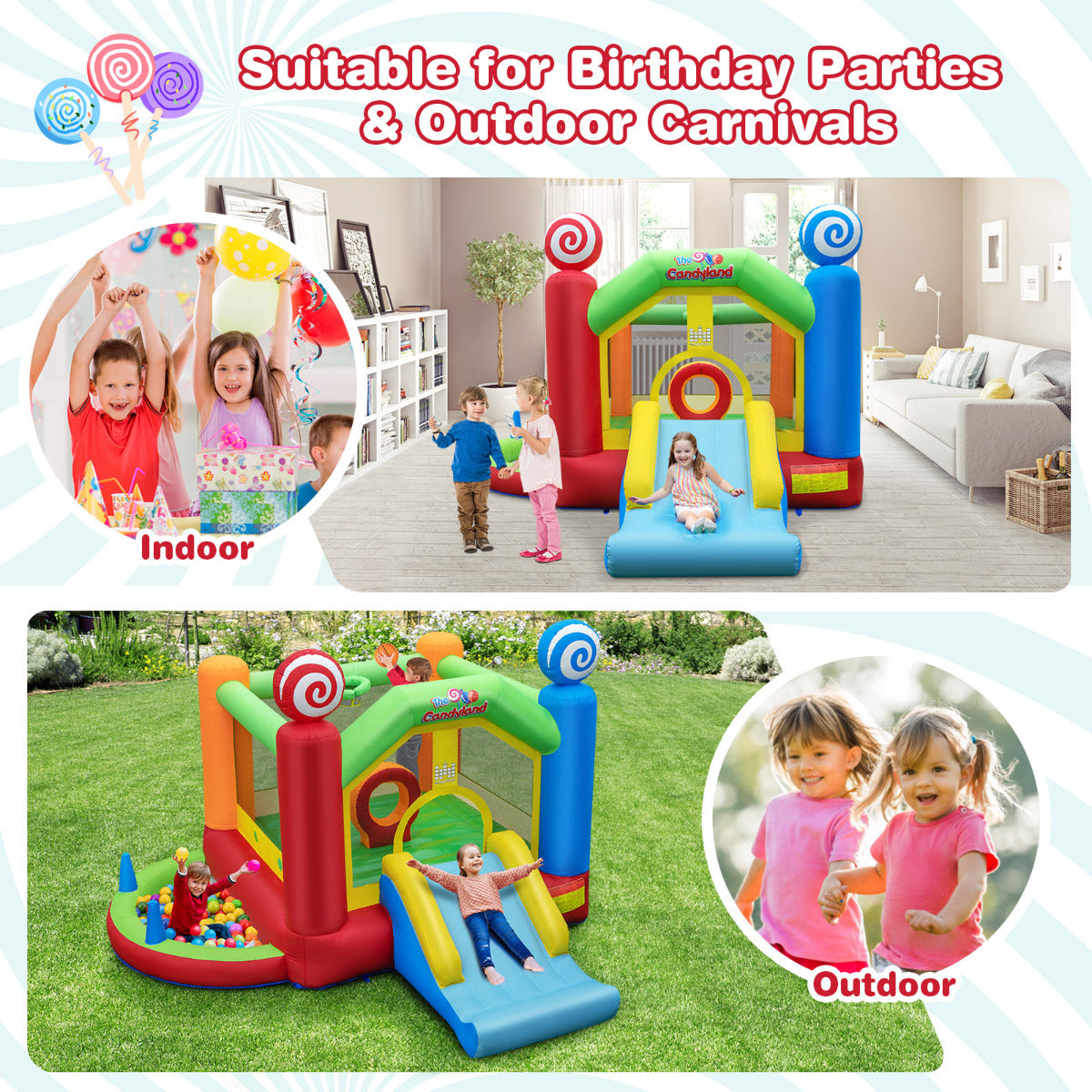 LIVSK Opblaasbaar Springkasteel Candyland - Glijbaan, Ballenbad, Ringspel - Inclusief Luchtblazer en Speelballen - 385 x 360 x