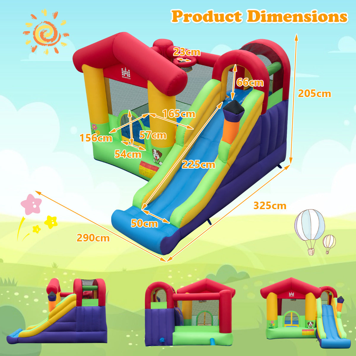 Livsk costway springkasteel met ventilator lange glijbaan klimwand basketbalkorf en speelballen springkasteel voor kinderen 325 x 290 x 225 cm