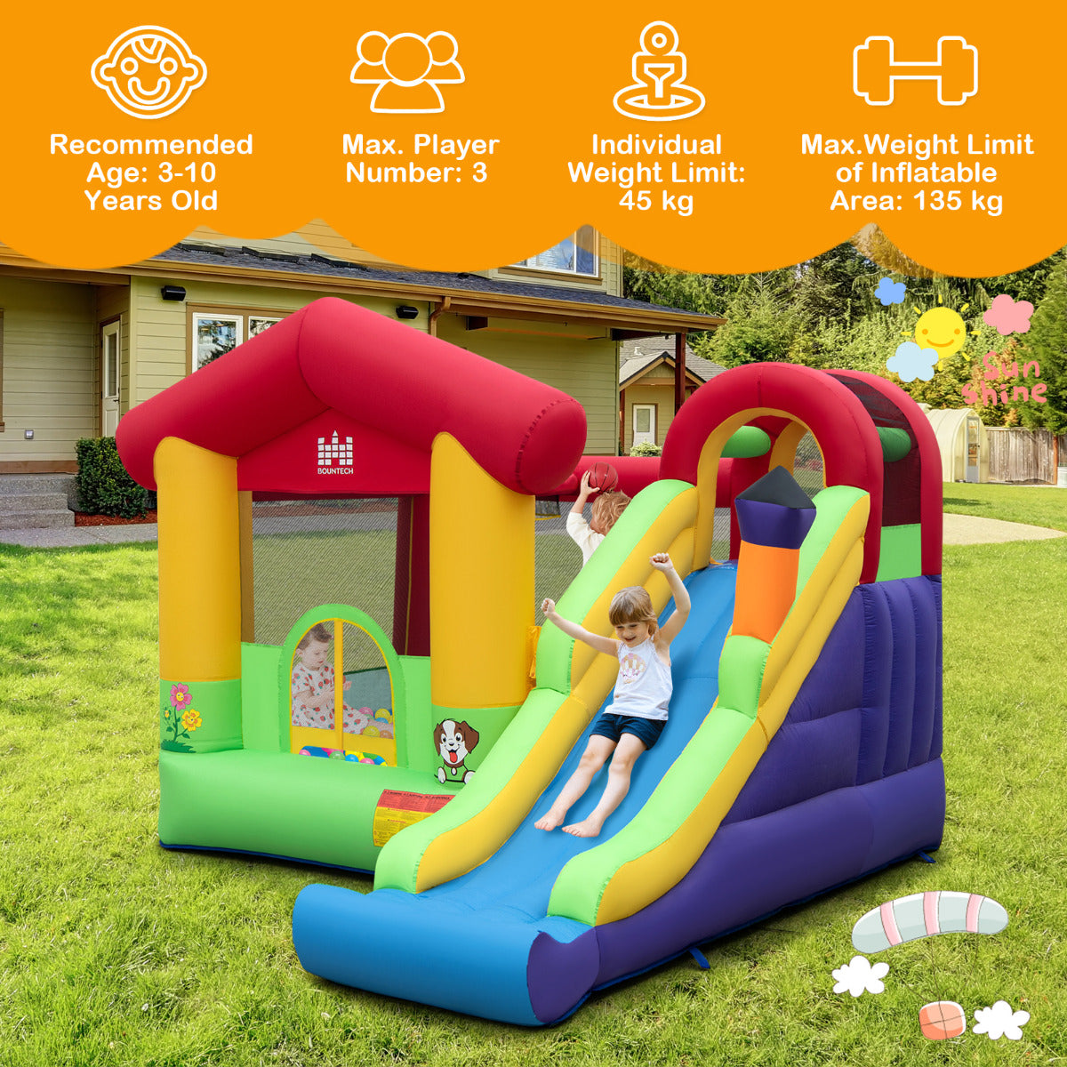 Livsk costway springkasteel met ventilator lange glijbaan klimwand basketbalkorf en speelballen springkasteel voor kinderen 325 x 290 x 225 cm