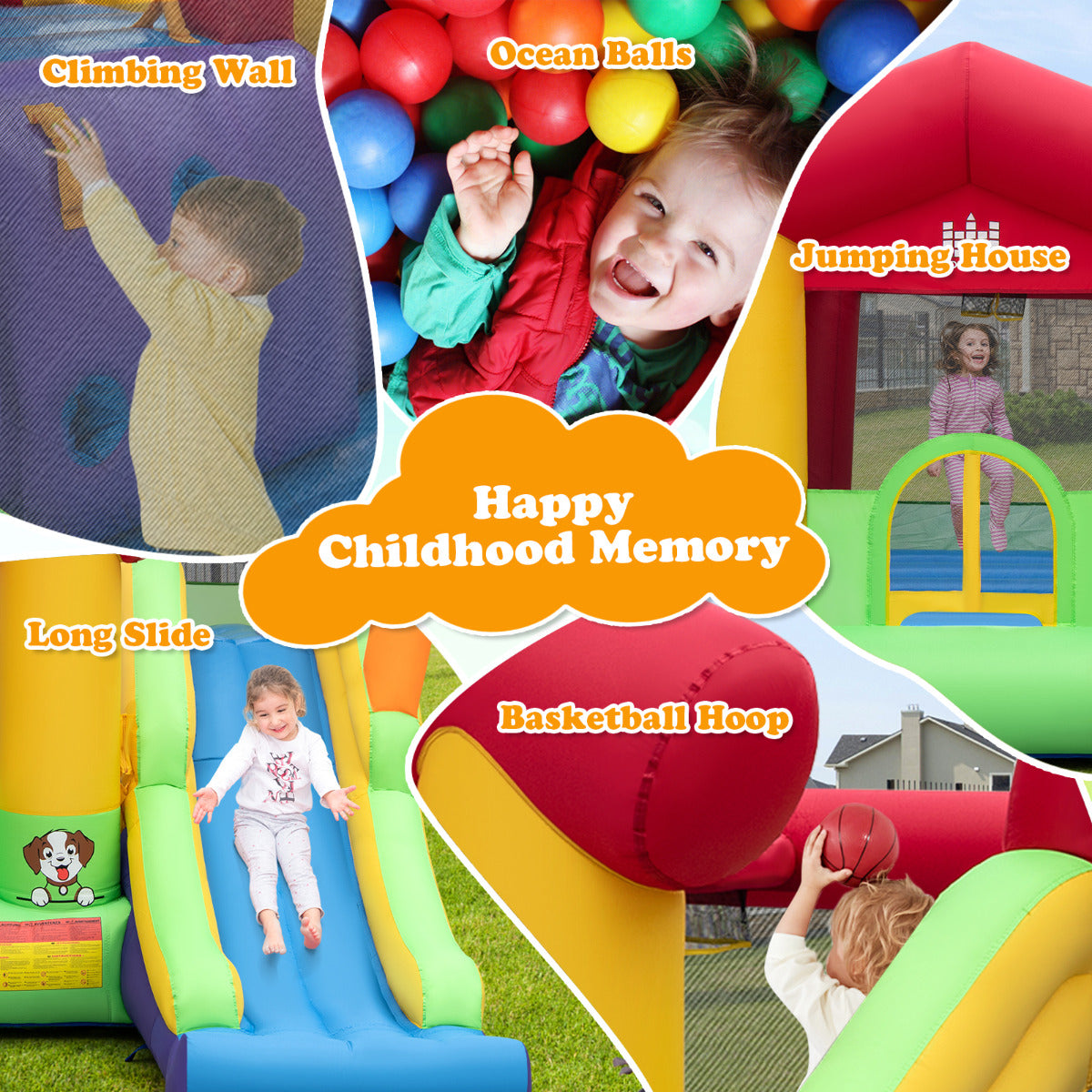 Livsk costway springkasteel met ventilator lange glijbaan klimwand basketbalkorf en speelballen springkasteel voor kinderen 325 x 290 x 225 cm