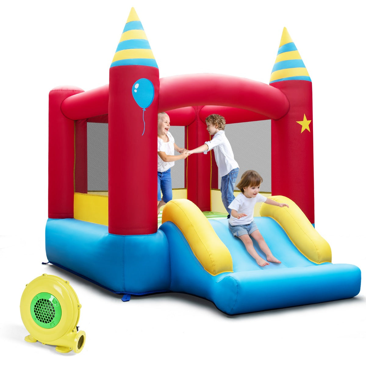 LIVSK Duurzaam Springkasteel - 420D Oxford-stof - Glijbaan - Roosterwand - Geschikt voor 3 Kinderen - 190 x 260 x 205 cm - Grijs