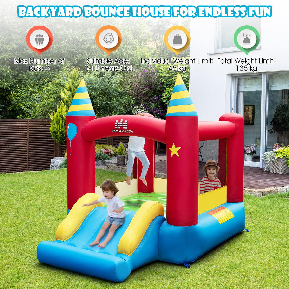 LIVSK Duurzaam Springkasteel - 420D Oxford-stof - Glijbaan - Roosterwand - Geschikt voor 3 Kinderen - 190 x 260 x 205 cm - Grijs