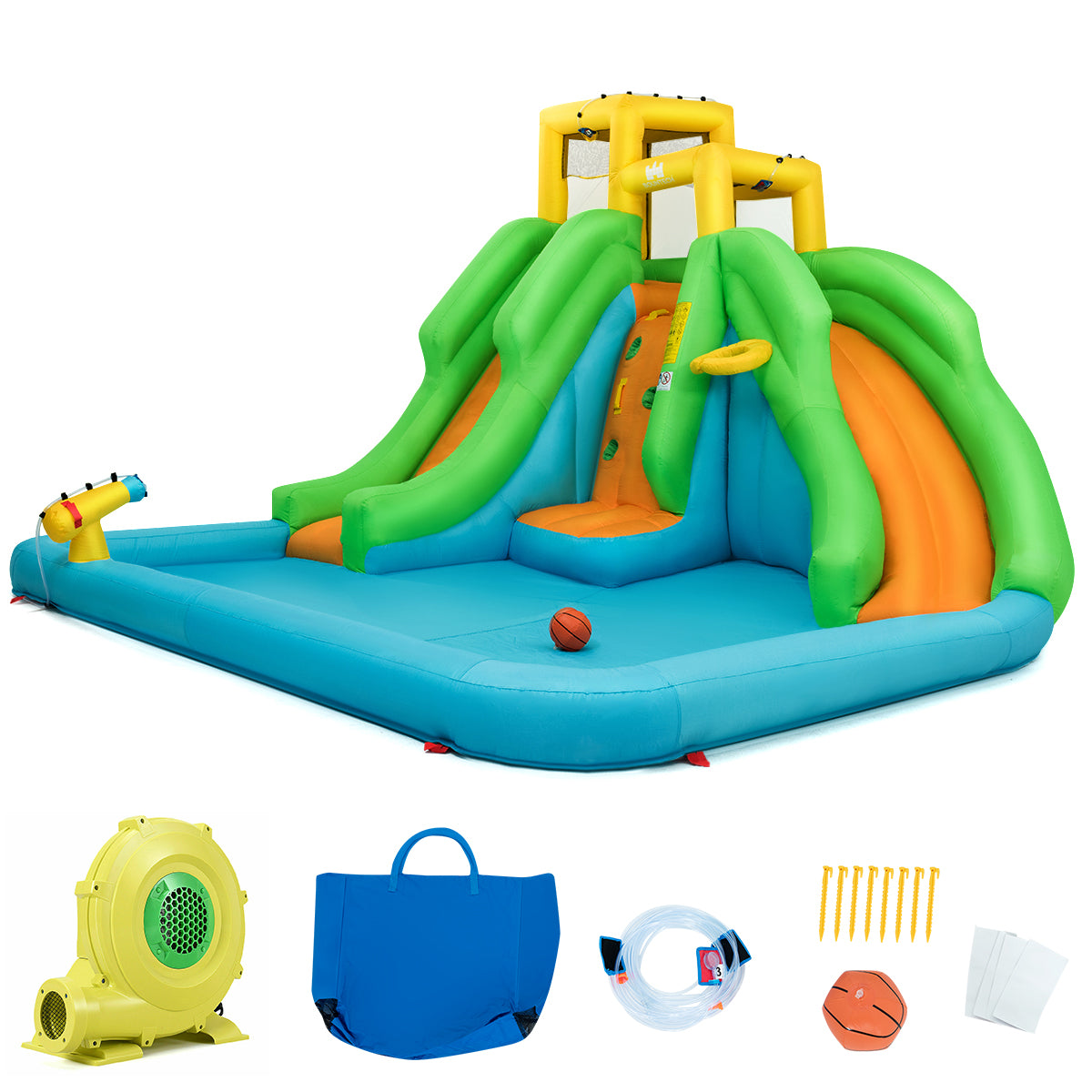 LIVSK Opblaasbaar Springkasteel met Waterpark - 2 Glijbanen - Klimwand - Basketbalveld - Voor 3 Kinderen - 400 x 361 x 255 cm -