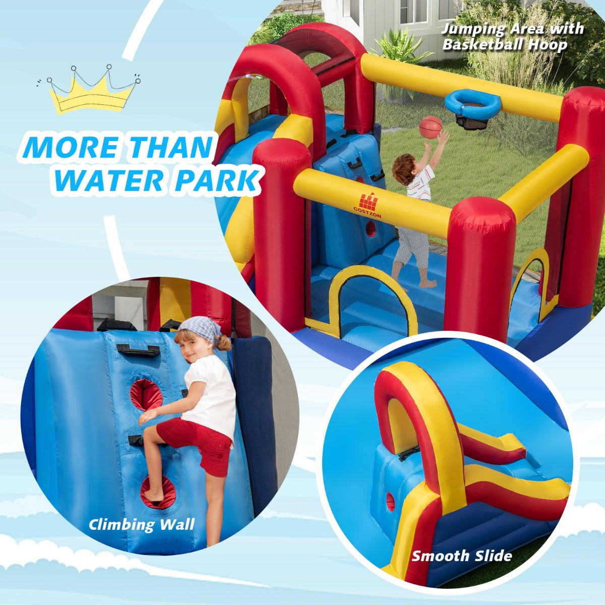 Livsk costway springkasteel met waterglijbaan klimwand springgedeelte waterkanon peuterbad basketbalring waterspringkasteel voor kinderen waterpark voor buiten 450 x 392 x 216 cm