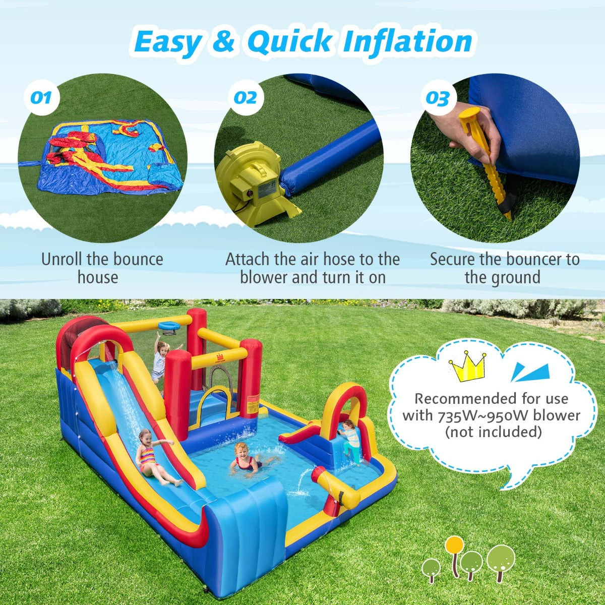 Livsk costway springkasteel met waterglijbaan klimwand springgedeelte waterkanon peuterbad basketbalring waterspringkasteel voor kinderen waterpark voor buiten 450 x 392 x 216 cm