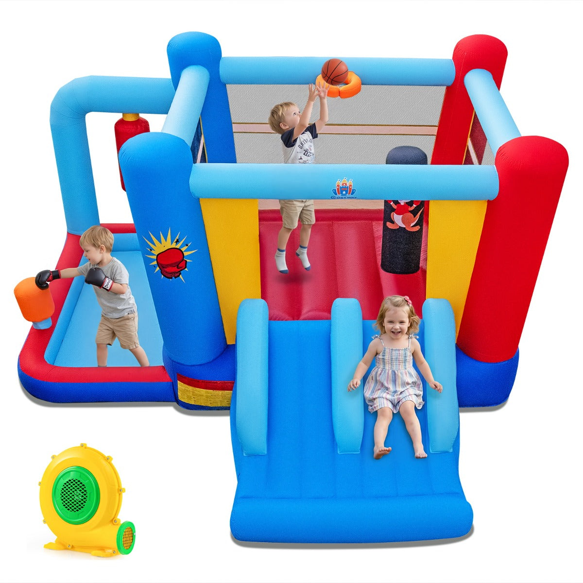 Livsk costway springkasteel opblaasbare structuur voor kinderen met bokszakken ballenbak basketbalring dubbele glijbanen en ventilator van 550 w 1