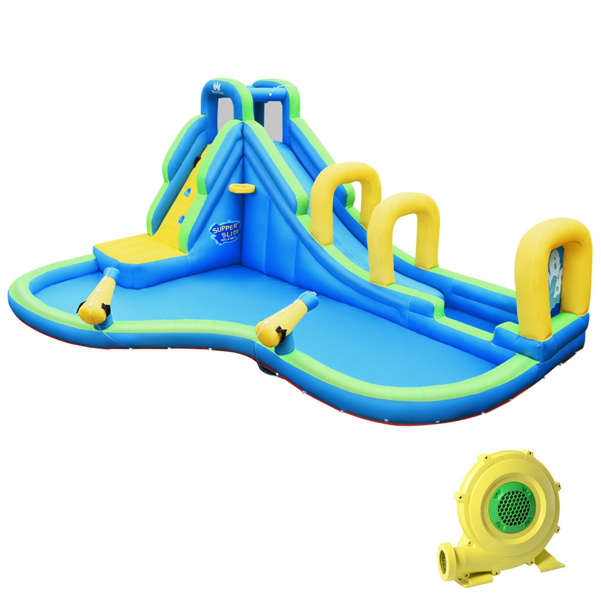 LIVSK Opblaasbaar Waterpark - Springkasteel met Waterglijbaan en Klimwand - Veilig Ontwerp - 478 x 366 x 242 cm - Oxford Stof -