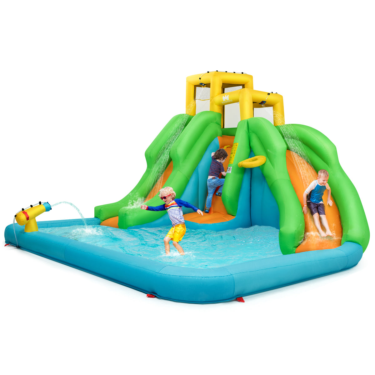 LIVSK Opblaasbaar Waterpark - Glijbanen, Klimwand, Basketbalveld, Pierenbad - Inclusief Draagtas en Waterkanon - Veelkleurig