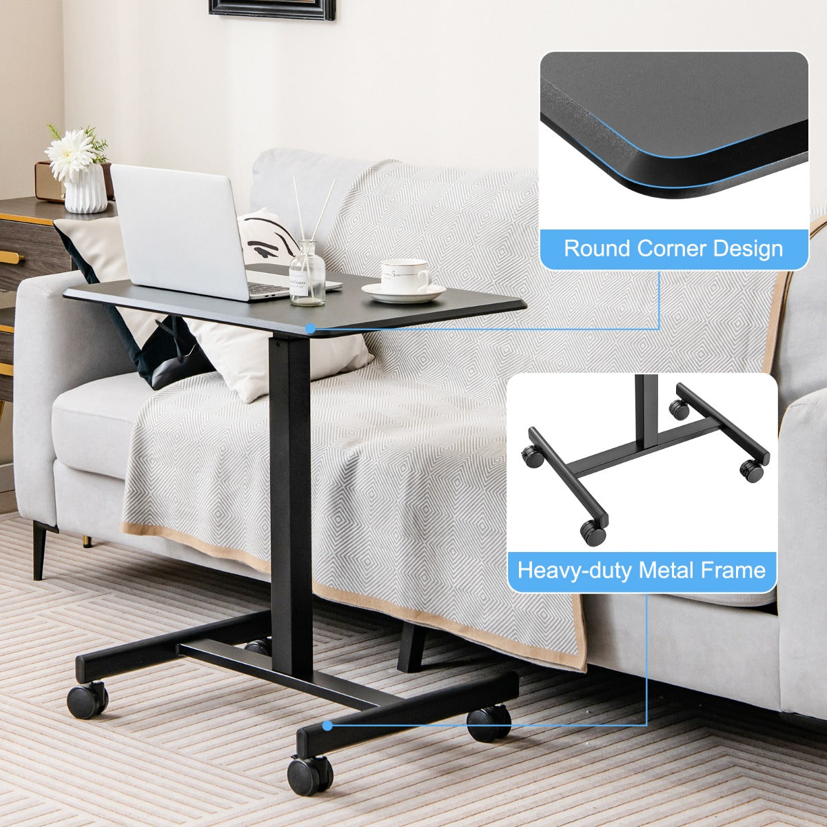 LIVSK Mobiele Laptoptafel - Verstelbare Hoogte 74-108 cm - Draagbaar met Wielen - Stevig Metaal - Zwart