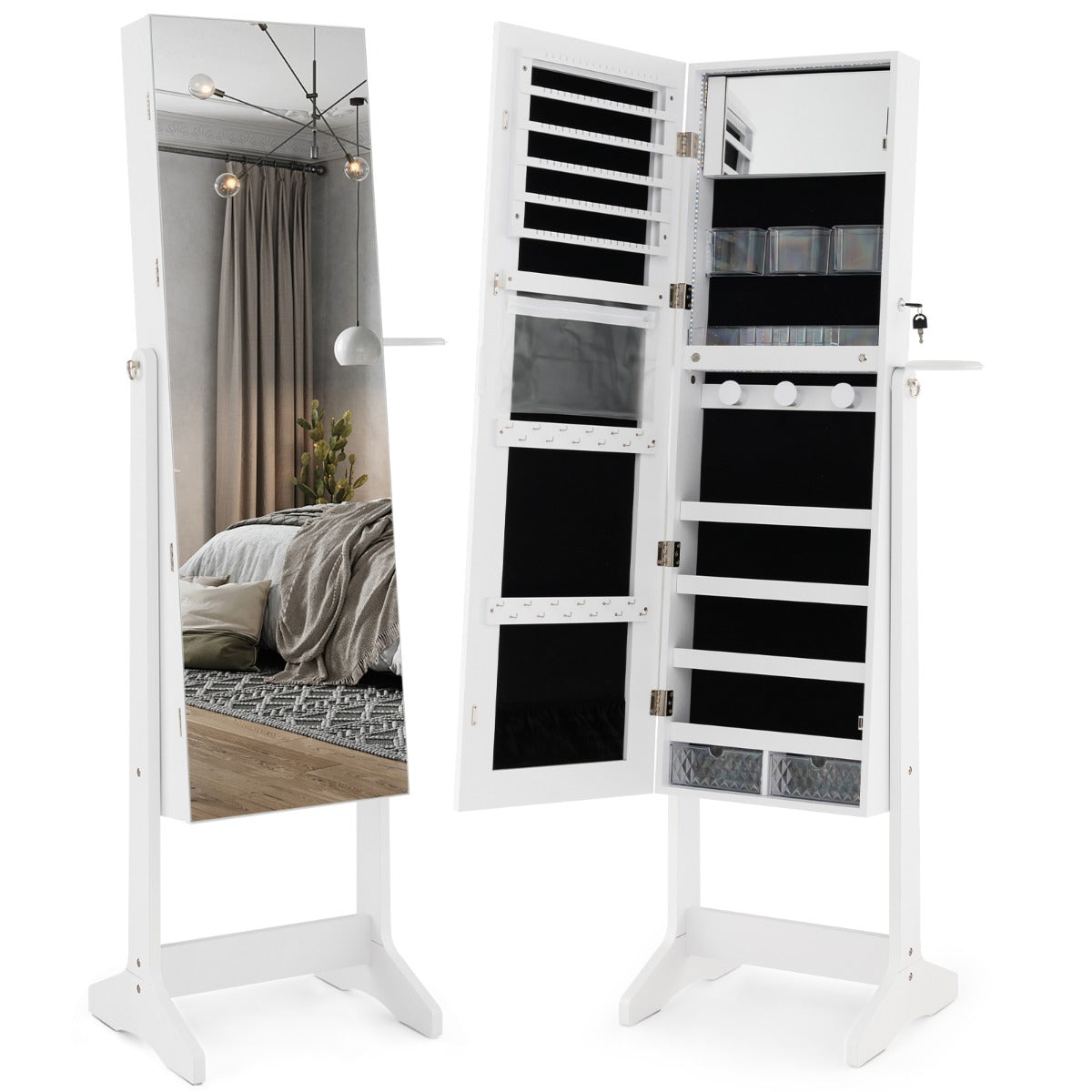 LIVSK Juwelenkast met Spiegel - Afsluitbaar - Diverse Opbergmogelijkheden - Instelbare LED-verlichting - 41 x 37 x 156 cm - Wit