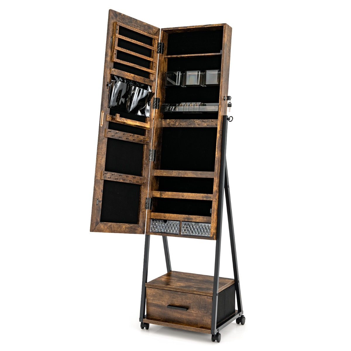 LIVSK Juwelenkast met Spiegel - Afsluitbaar met Vergrendelbare Wielen - Maximale Opbergruimte - Hoogwaardig MDF - 42 x 38 x 157