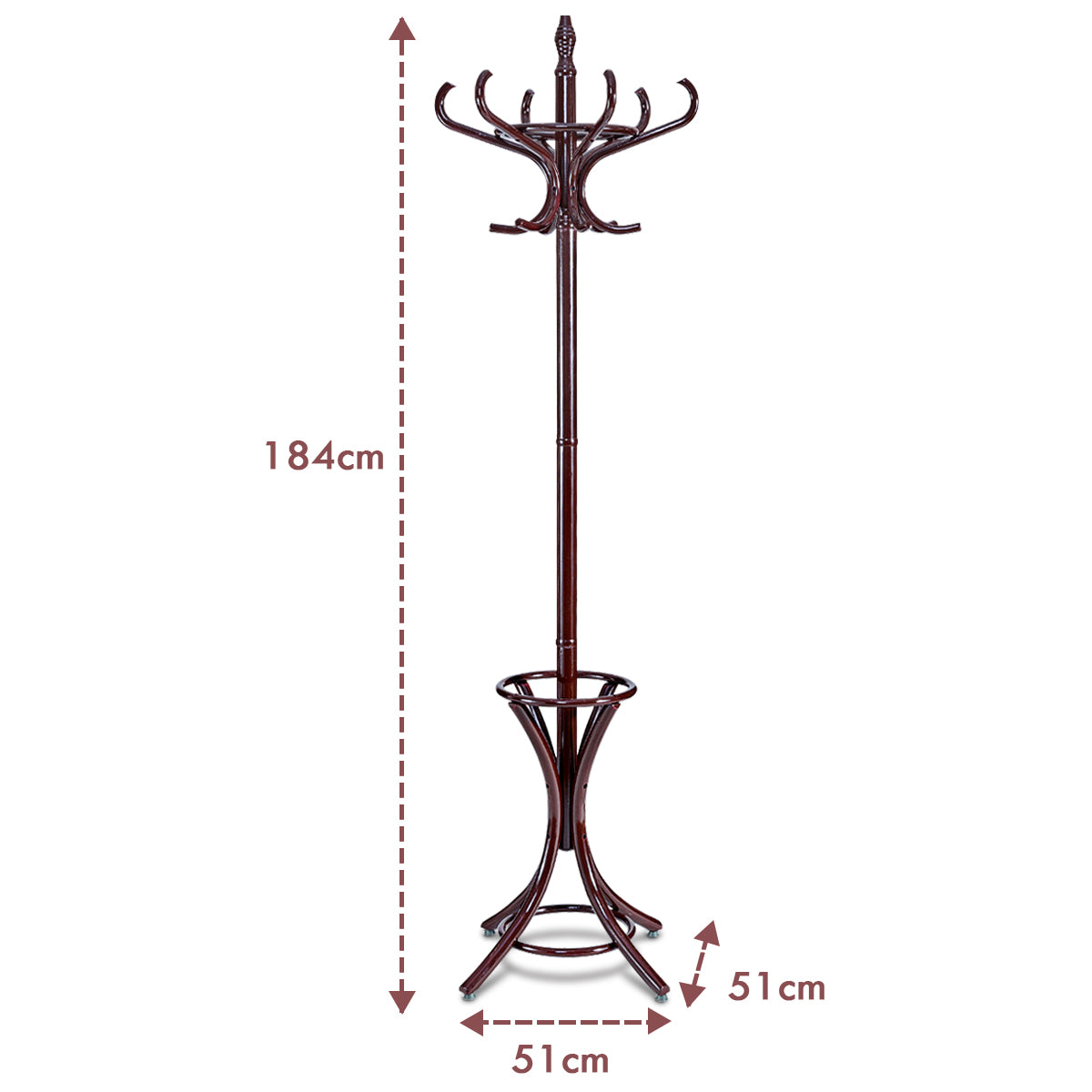 LIVSK Staande Kapstok - Premium Berkenhout - 12 Haken - Parapluhouder - Duurzaam en Elegant - 51 x 51 x 184 cm - Bruin