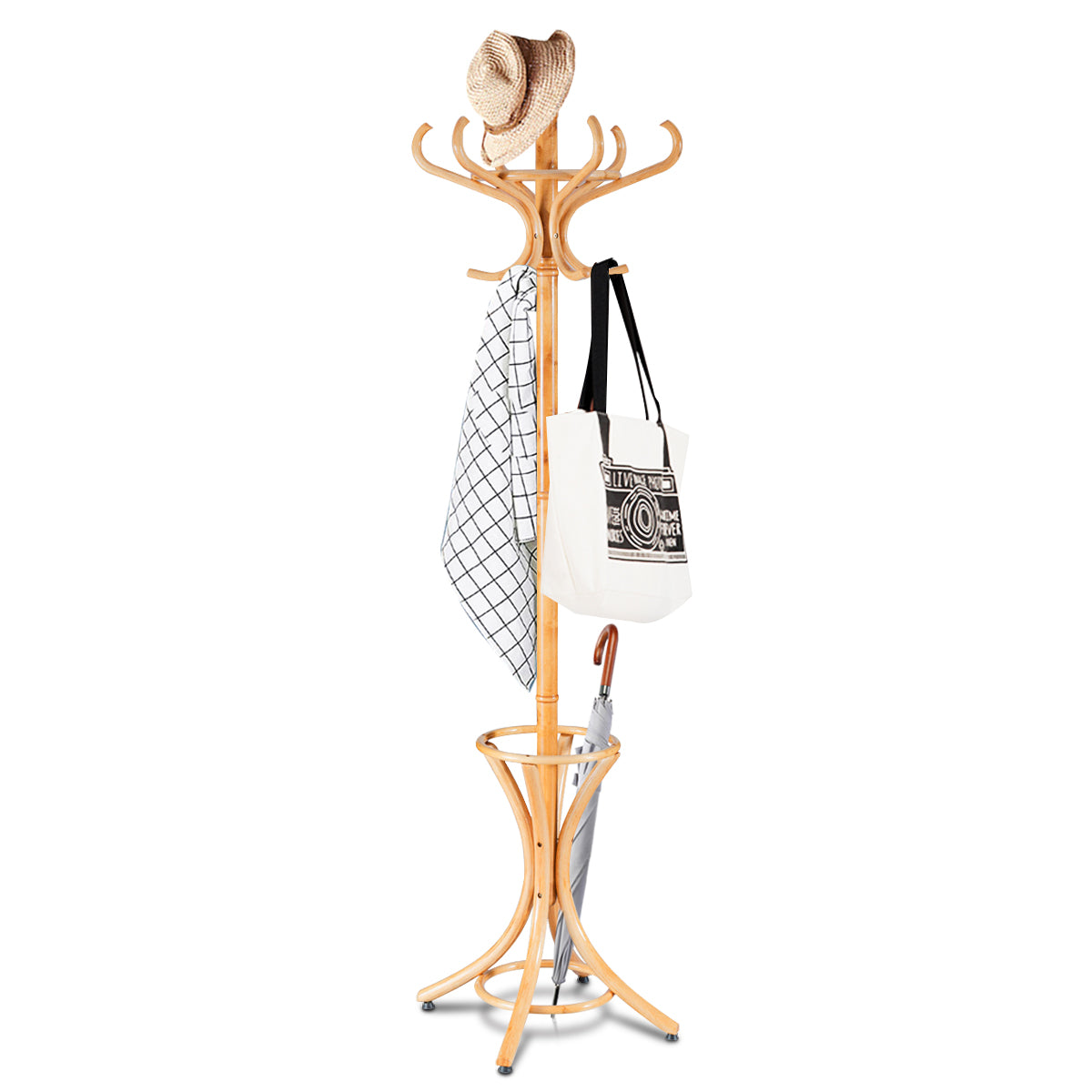 LIVSK Staande Kapstok Hout - 12 Haken - Paraplu Houder - Elegant en Multifunctioneel - Berkenhout - Natuurlijk