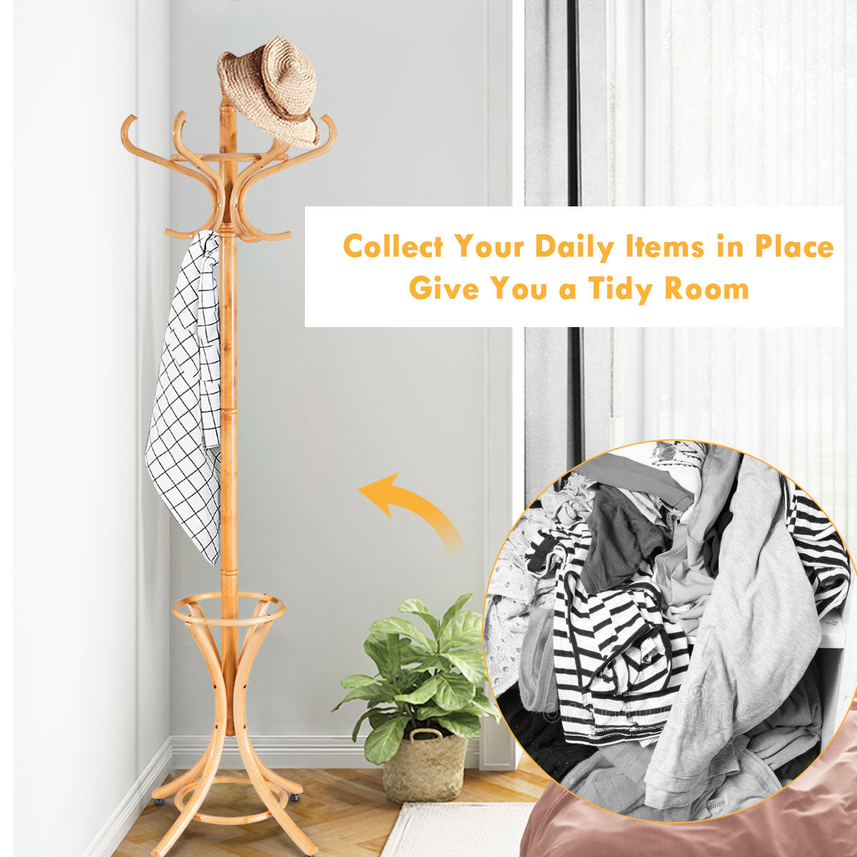 LIVSK Staande Kapstok Hout - 12 Haken - Paraplu Houder - Elegant en Multifunctioneel - Berkenhout - Natuurlijk