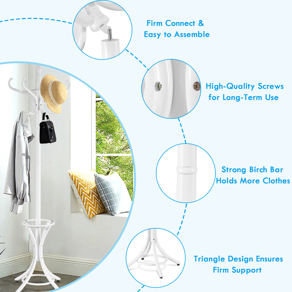 LIVSK Staande Kapstok Hout - 12 Haken - Paraplu Houder - Elegant Ontwerp - Duurzaam Berkenhout - 51 x 51 x 184 cm - Wit