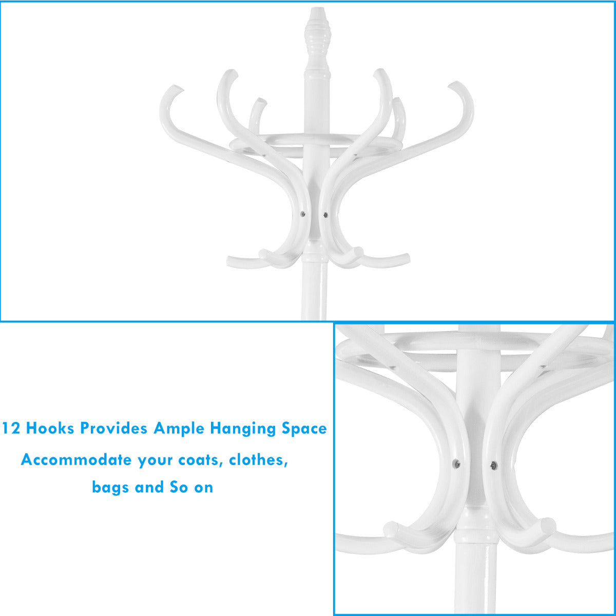 LIVSK Staande Kapstok Hout - 12 Haken - Paraplu Houder - Elegant Ontwerp - Duurzaam Berkenhout - 51 x 51 x 184 cm - Wit