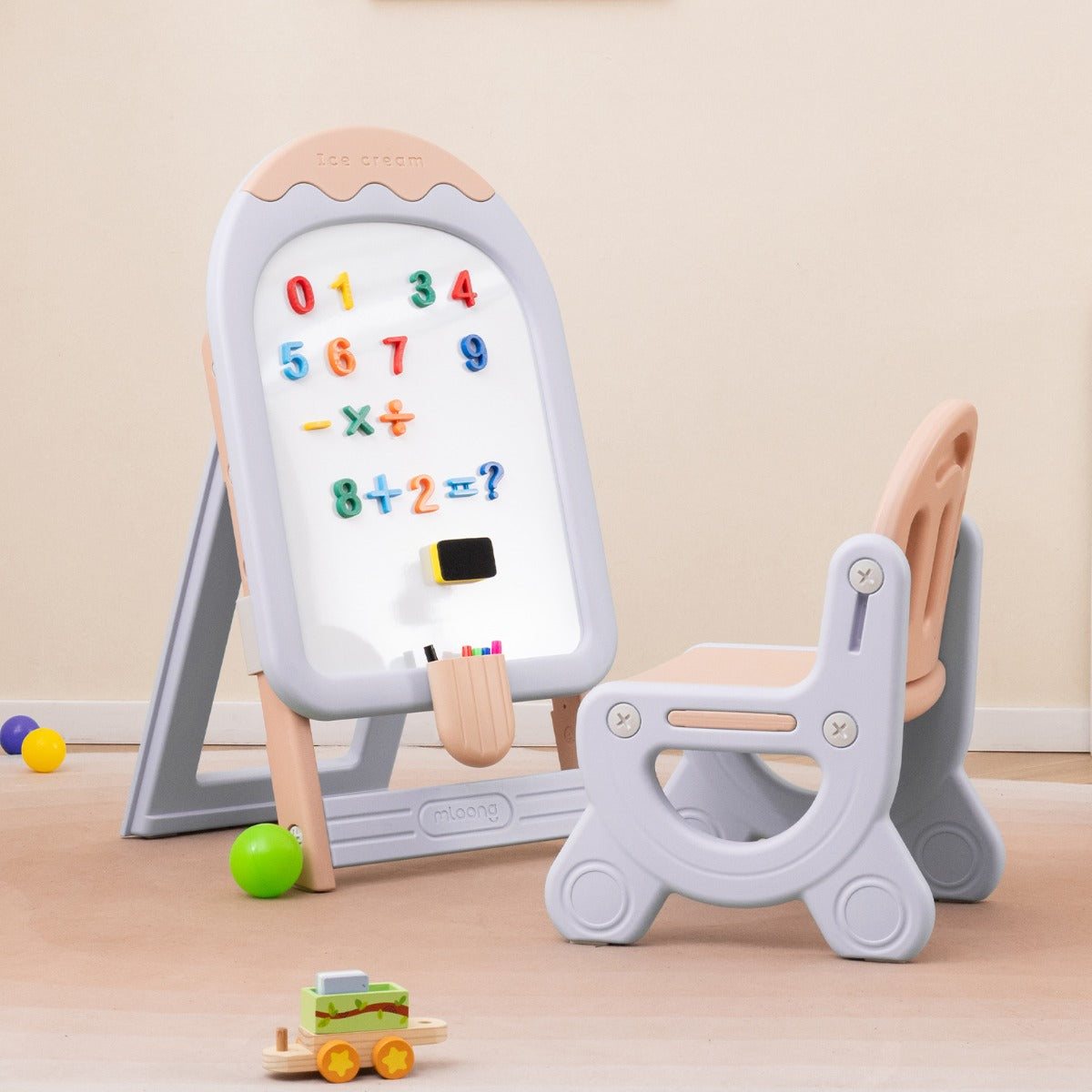 LIVSK Staande Kinderkunst-Ezel met Stoel - Hoogte Verstelbaar - Inclusief Stiften en Magnetische Speeltjes - Veilig BPA-vrij -