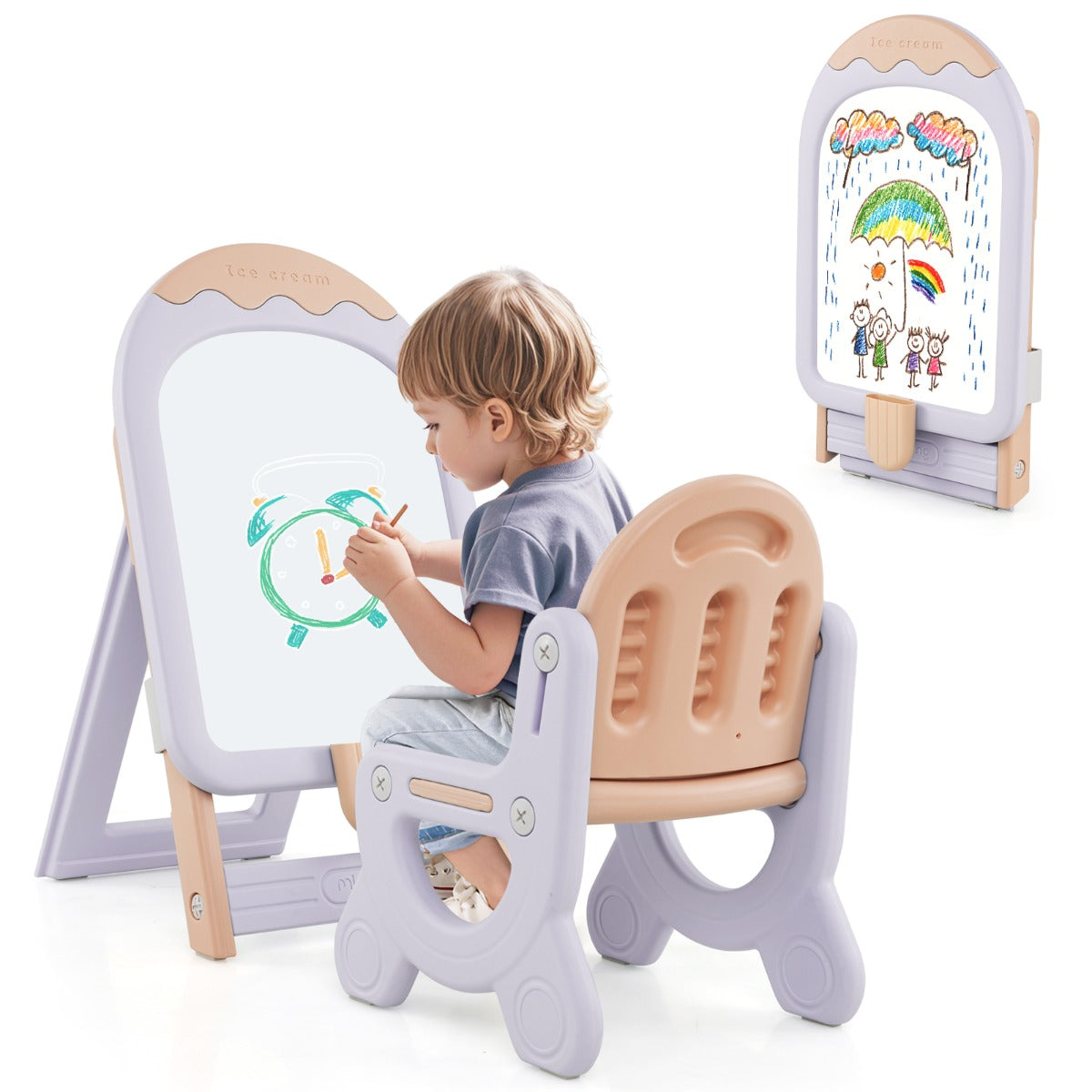 LIVSK Staande Kinderkunst-Ezel met Stoel - Hoogte Verstelbaar - Inclusief Stiften en Magnetische Speeltjes - Veilig BPA-vrij -