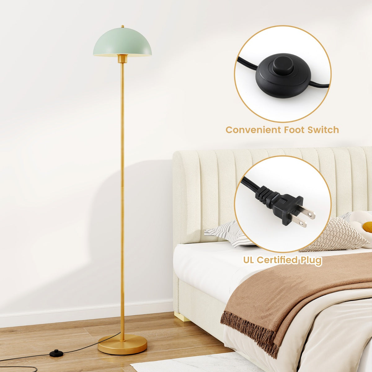 LIVSK Verstelbare Vloerlamp met Voetschakelaar - Onbreekbare Lampenkap - Anti-kantelvoet - E27 Fitting - Elegante Stijl - Zwart
