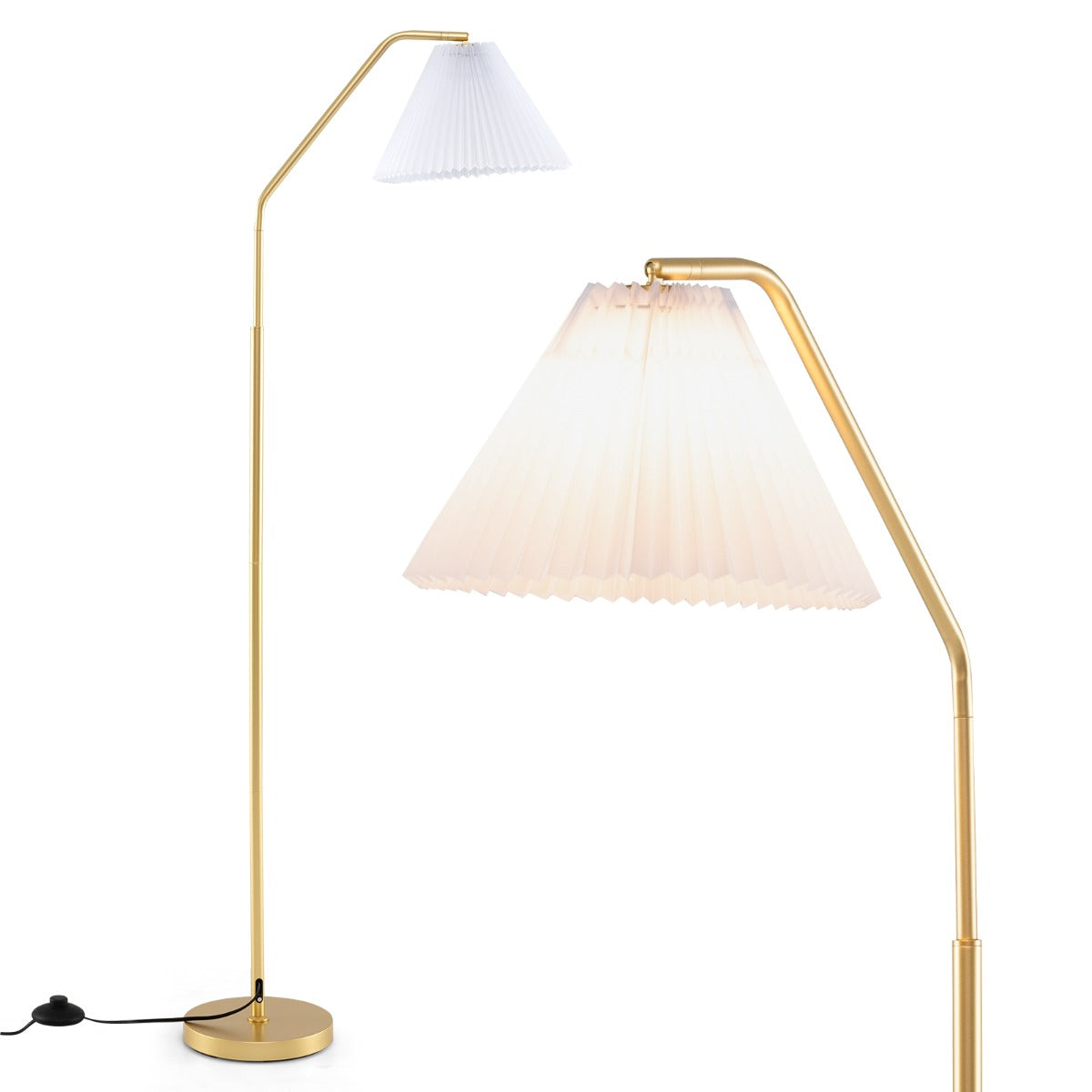 LIVSK Staande Booglamp 168 cm - 350° Verstelbare Lampenkop - E27-fitting - Voetschakelaar - Stabiliteit - Goud + Wit