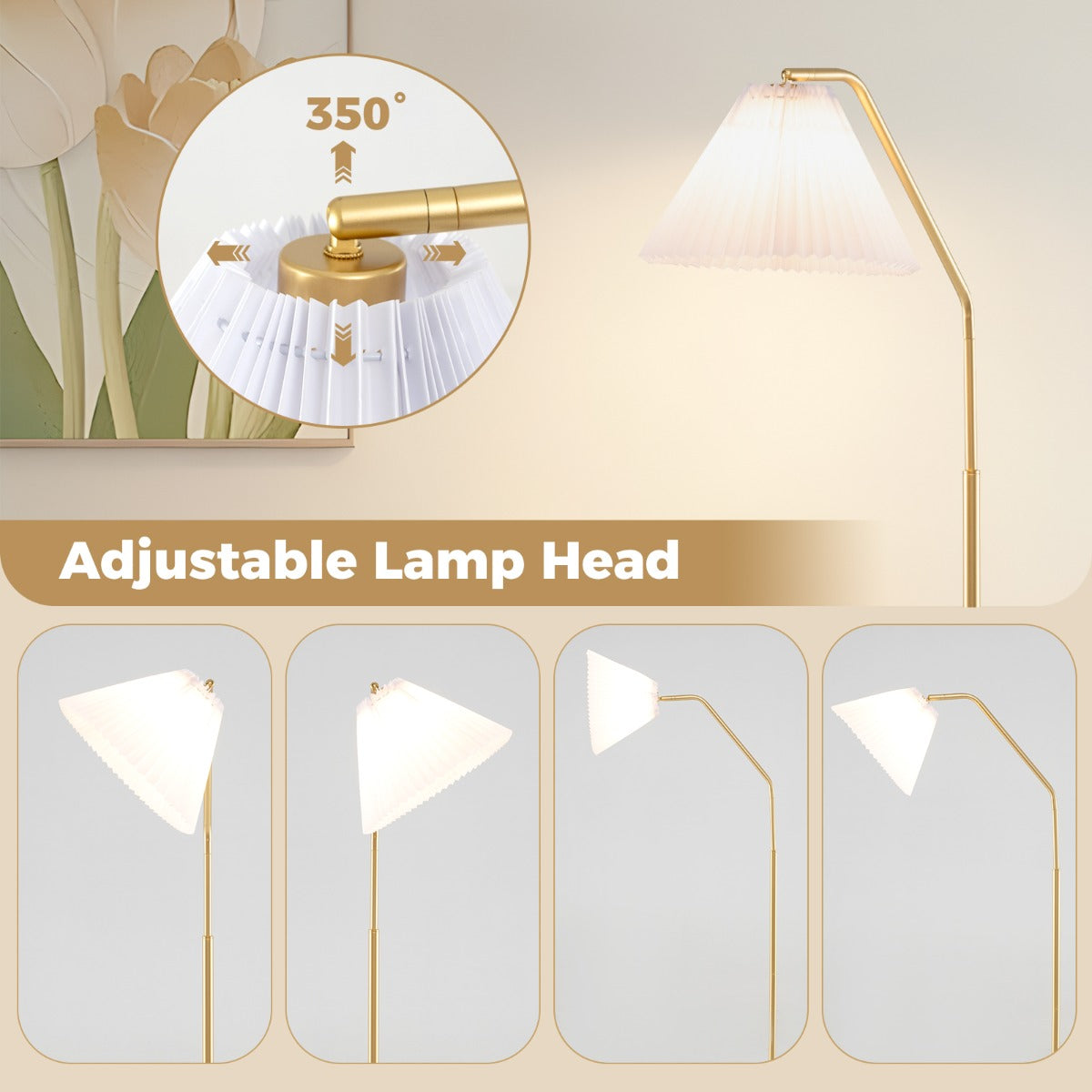 LIVSK Staande Booglamp 168 cm - 350° Verstelbare Lampenkop - E27-fitting - Voetschakelaar - Stabiliteit - Goud + Wit
