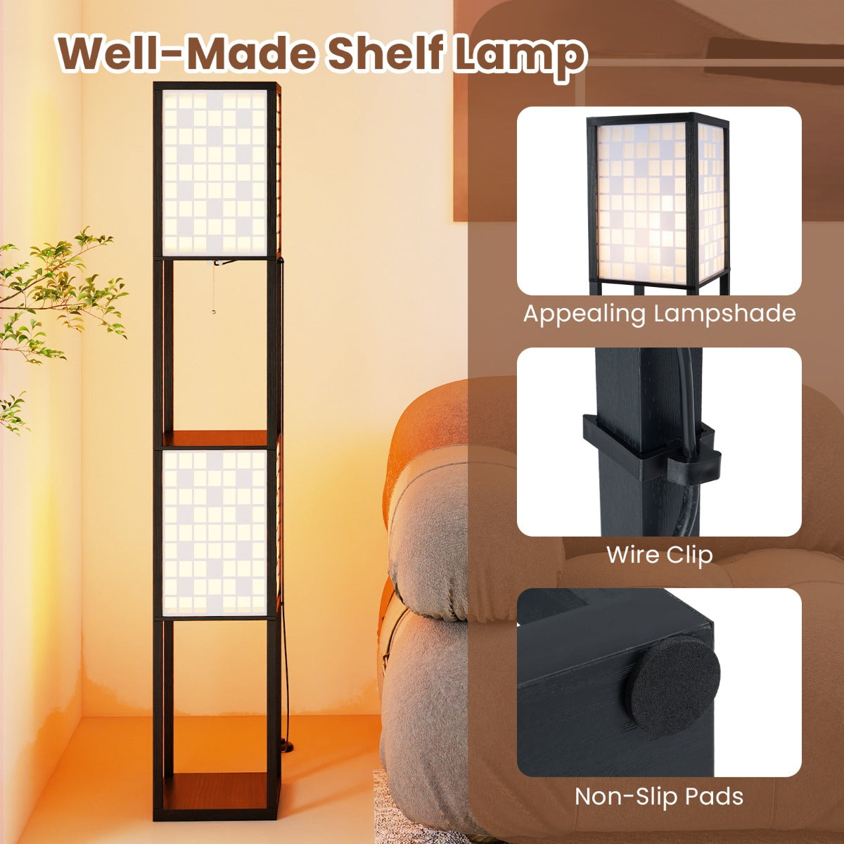 LIVSK Staande Lamp met Planken en 2 Lampenkappen - Voetschakelaar - Modern Design - E27-fitting - 26 x 26 x 156 cm - Zwart