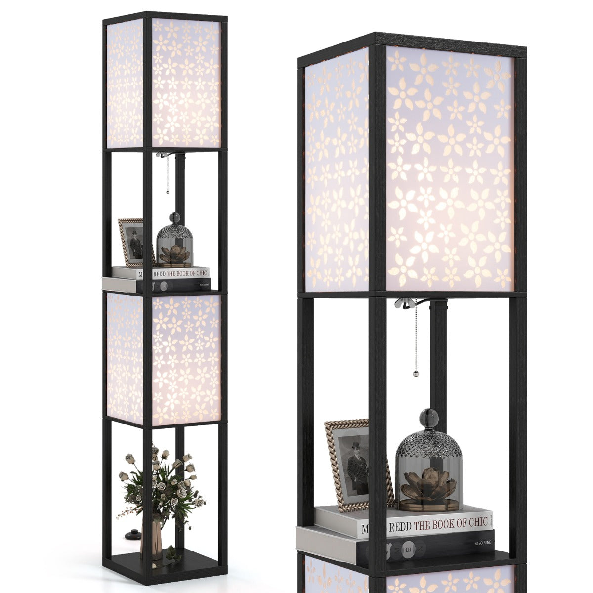 Livsk costway staande lamp woonkamerlamp met 2 planken en 2 lampenkappen moderne leeslamp met e27 fitting zonder lamp zwart