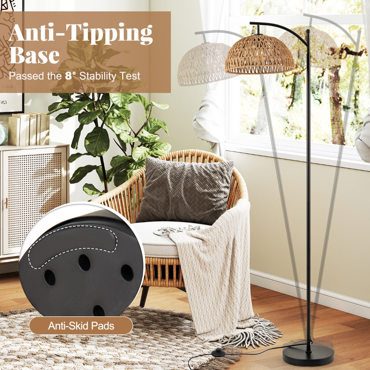 LIVSK Boogvormige Vloerlamp - E26 Fitting - Stabiele Voet met Antislip - Onbreekbare Kap - Voetschakelaar - Zwart