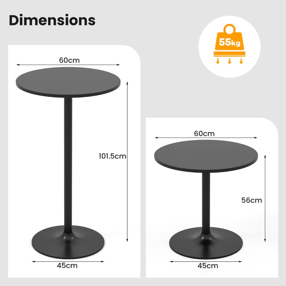 Livsk costway staande tafel o 60 cm 2 in 1 bartafel en eettafel in hoogte verstelbaar 56 1015 cm ronde kleine eettafel zwart 2 stuks 1 1
