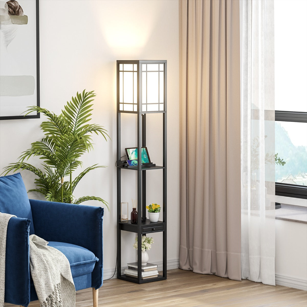 LIVSK Plank Vloerlamp met USB-poorten - 1 Lade en 3 Open Planken - Trekschakelaar - 26 x 26 x 160,5 cm - Zwart