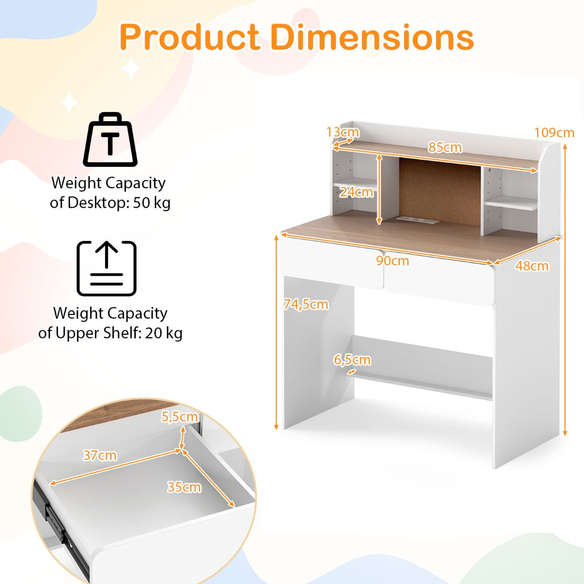 LIVSK Kinderschrijftafel - Stabiel Hout - Verstelbare Planken - Oplaadstation - Kurken Prikbord - 90 x 48 x 109 cm - Wit