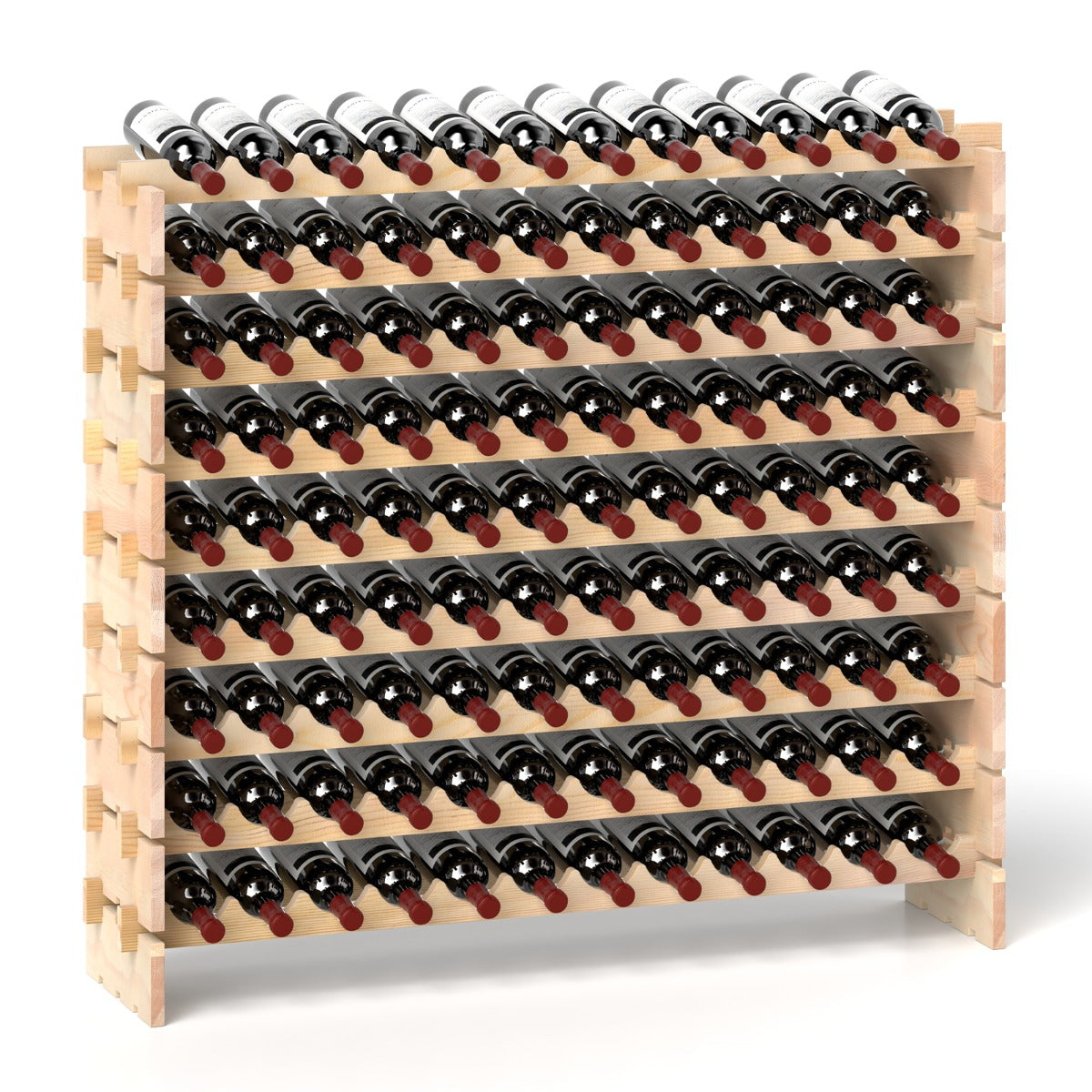 LIVSK Wijnrek voor 108 Flessen - Natuurlijk Grenenhout - Vrijstaand - Eenvoudige Installatie - Draagvermogen 160 kg - Natuurlijk