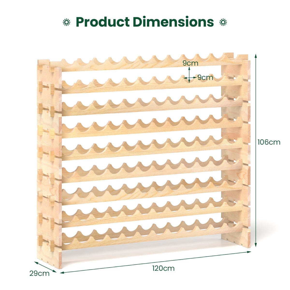 LIVSK Wijnrek voor 108 Flessen - Natuurlijk Grenenhout - Vrijstaand - Eenvoudige Installatie - Draagvermogen 160 kg - Natuurlijk