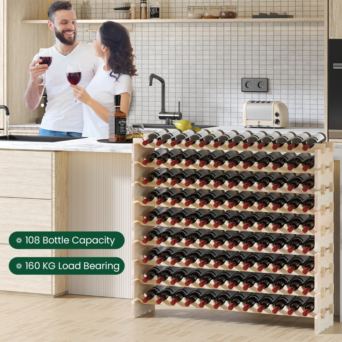 LIVSK Wijnrek voor 108 Flessen - Natuurlijk Grenenhout - Vrijstaand - Eenvoudige Installatie - Draagvermogen 160 kg - Natuurlijk