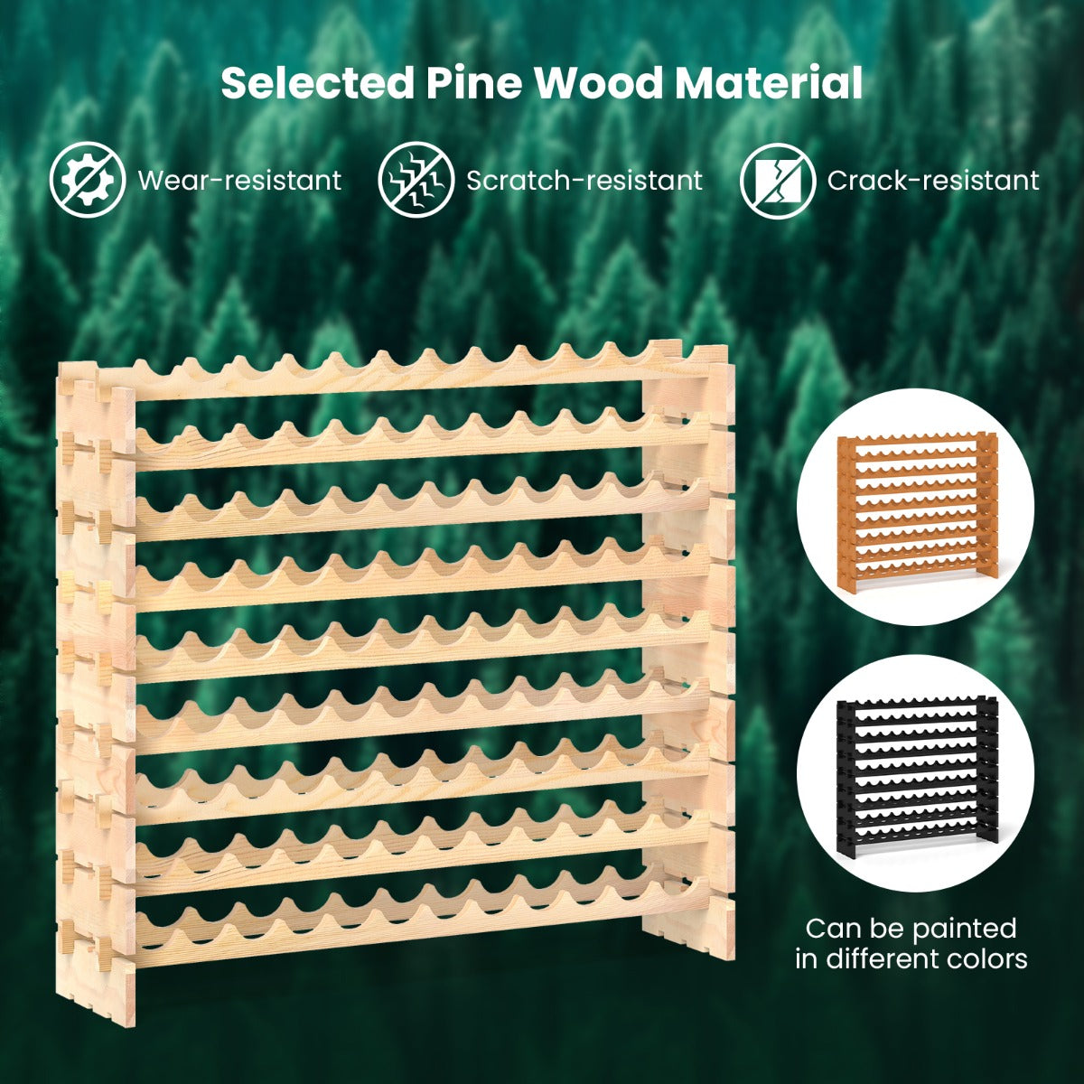 LIVSK Wijnrek voor 108 Flessen - Natuurlijk Grenenhout - Vrijstaand - Eenvoudige Installatie - Draagvermogen 160 kg - Natuurlijk