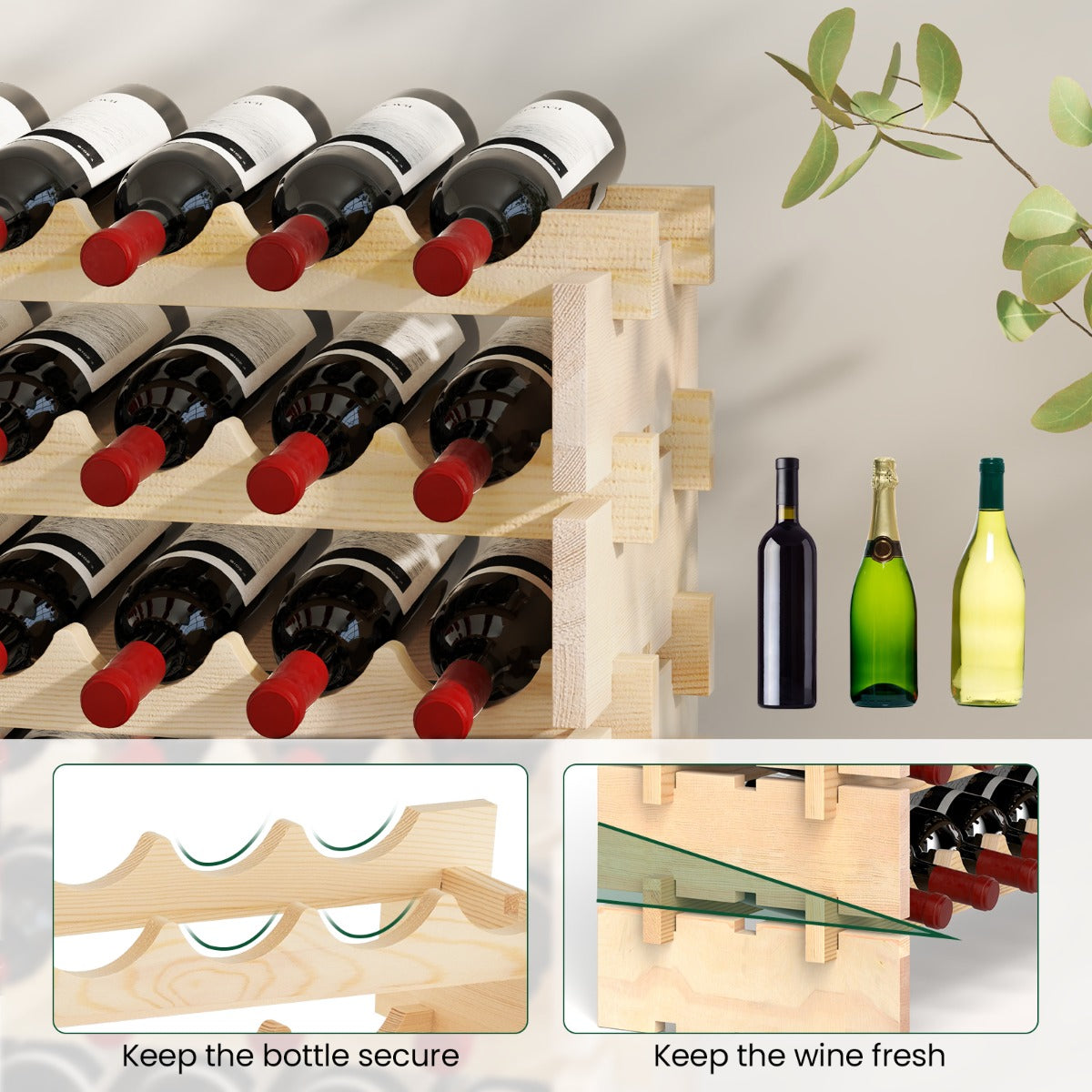 LIVSK Wijnrek voor 108 Flessen - Natuurlijk Grenenhout - Vrijstaand - Eenvoudige Installatie - Draagvermogen 160 kg - Natuurlijk