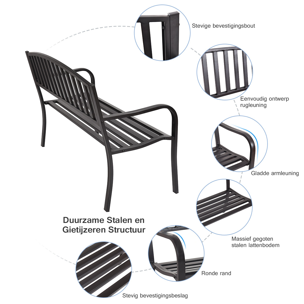 LIVSK Stalen Tuinbank - Ergonomisch Ontwerp - Streepdessin - Voor 2-3 Personen - 280 kg Draagvermogen - 127 x 60 x 87 cm - Zwart