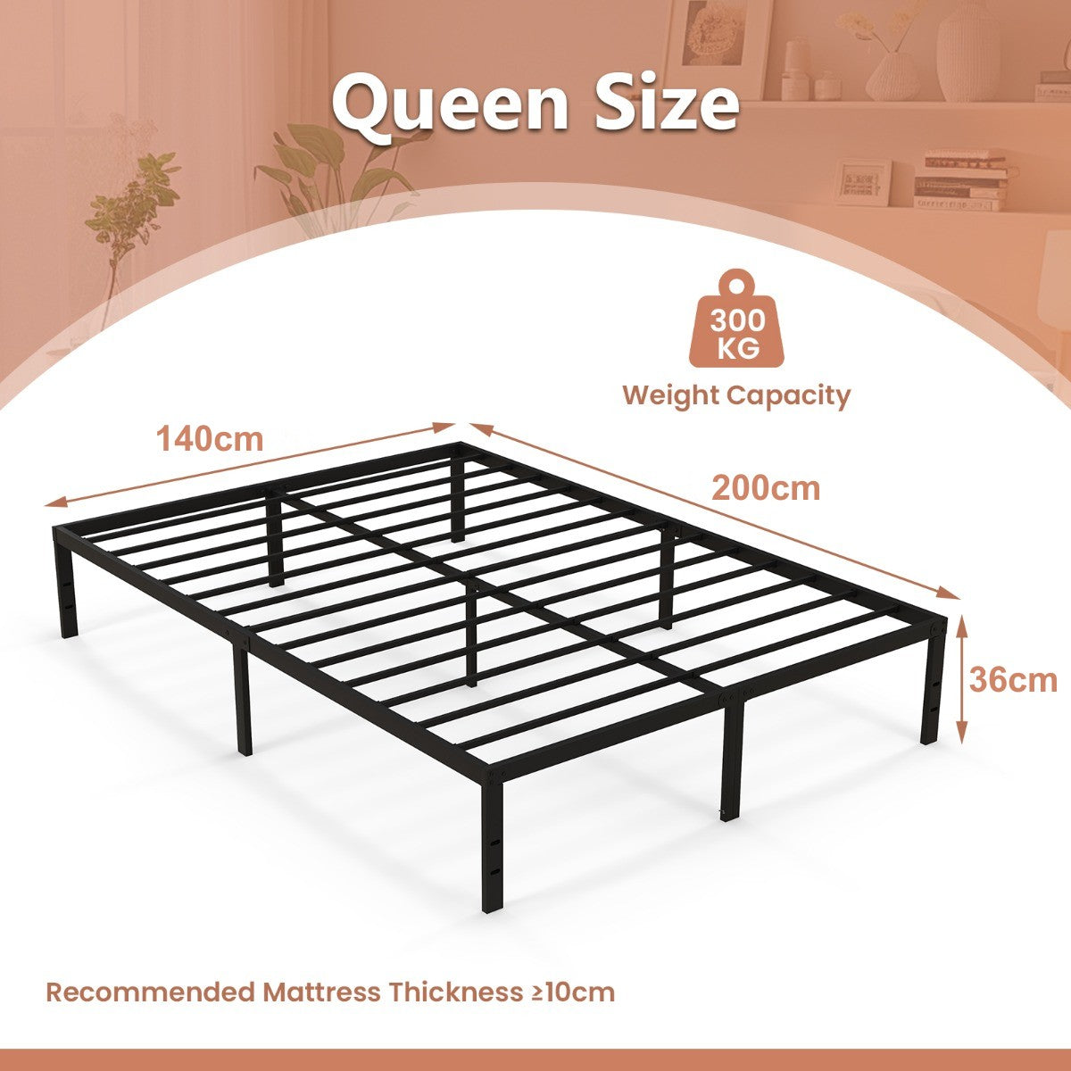 LIVSK ijzeren bedframe - Duurzaam en stevig - Ondersteunt tot 300 kg - Eenvoudige montage - 200 x 140 x 36 cm - Zwart